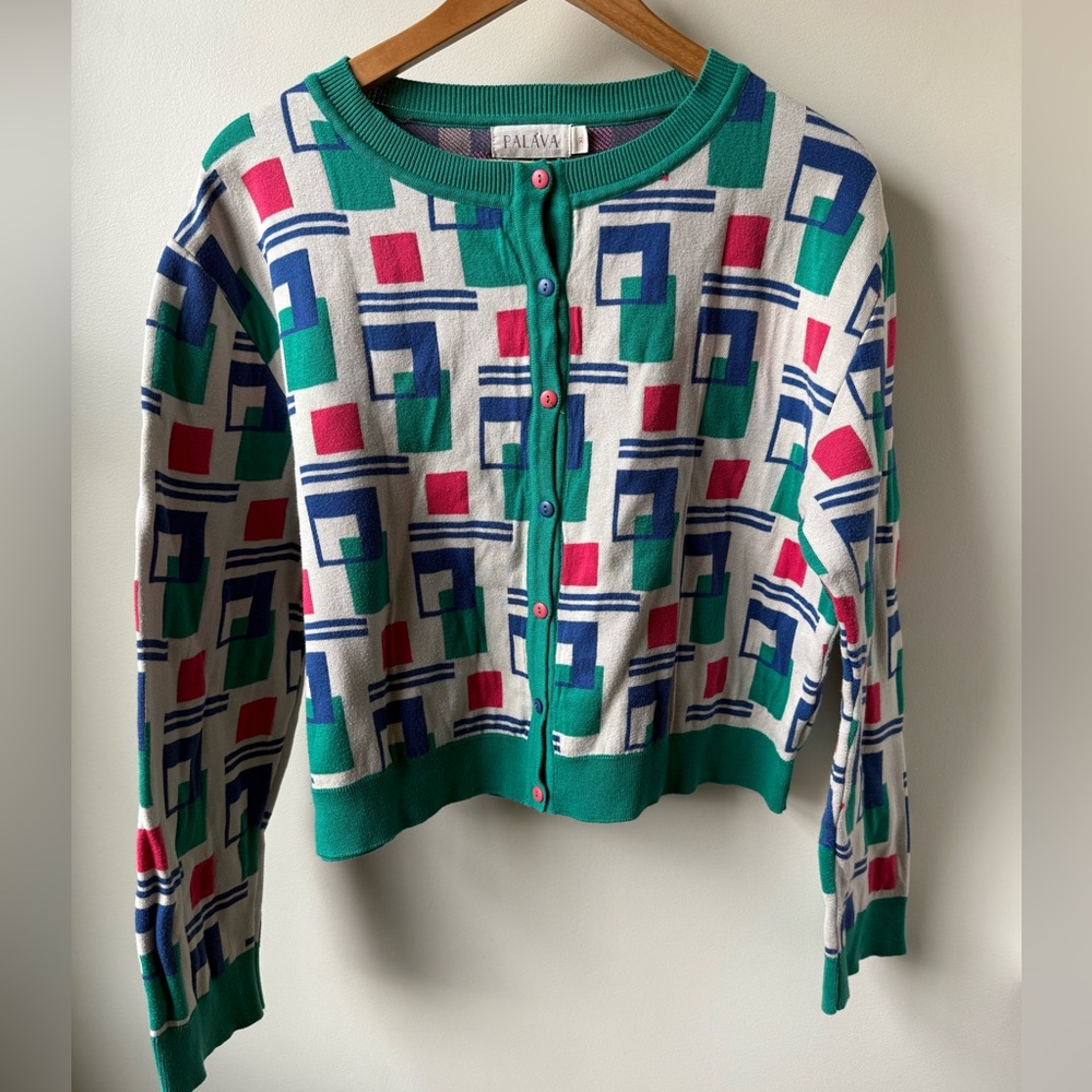 PALAVA Vera‎ Mexico City Organic Cotton Cardigan Sweater Geometric Retro XL